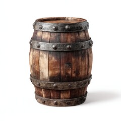 Aged wooden barrel with iron bands and rivets, isolated on white