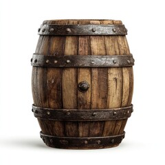 Obraz premium Rustic wooden barrel with metal bands and a central spigot, on white