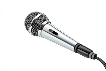 Close-up of a chrome microphone with a mesh head and attached black cable