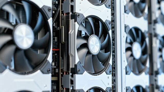 Close-up of powerful graphics cards with spinning fans in a server rack, data mining farm.