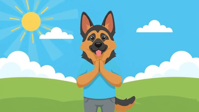 Cute Cartoon German Shepherd Praying Outdoors
