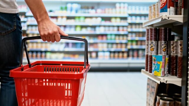 A person walking through a supermarket aisle holding an empty red shopping basket while shopping.