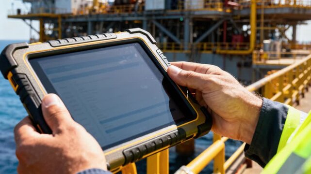 Offshore oil rig worker using a heavy-duty tablet for digital inspections in the ocean.