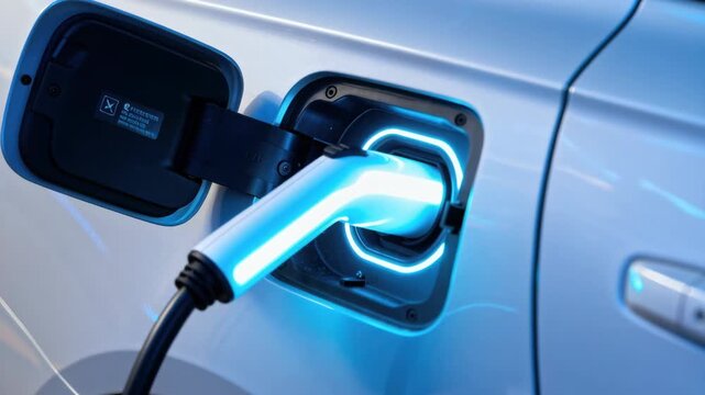 A person plugs a glowing blue charging cable into an electric vehicle at a charging station.