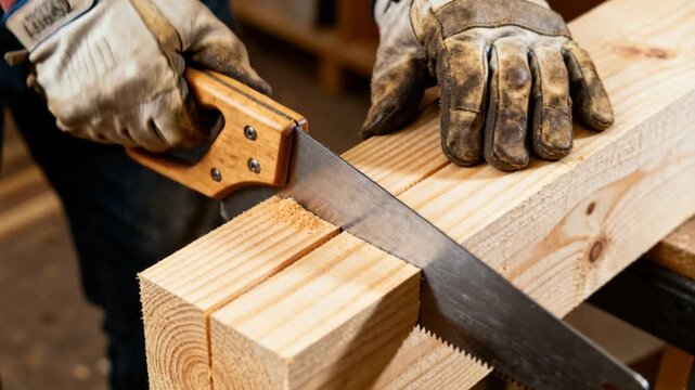A person in leather work gloves uses a hand saw to carefully cut through a thick wooden beam.