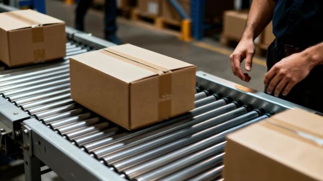 Warehouse worker placing cardboard boxes on a roller conveyor belt, distribution center workflow.