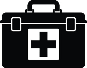 Obraz premium Minimal vector silhouette, first aid kit box with medical cross, solid black, isolated on white background.