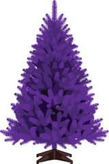 Purple Christmas tree isolated on white background, vibrant artificial holiday pine decoration with stand, festive winter season vector illustration for celebration design