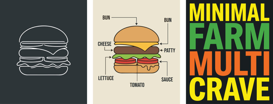 Detailed illustration of a multi-layered burger with labeled components on a neutral background viewed from the side