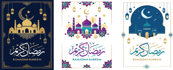Collection of Ramadan Kareem greeting cards with mosque and crescent moon illustrations in various designs