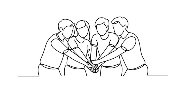 Teamwork: Four Diverse People Joining Hands in Unity, Minimalist Line Art