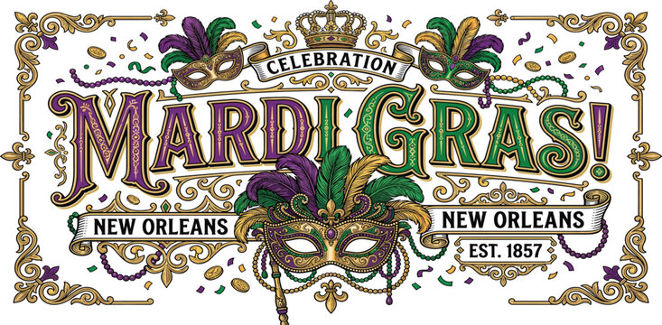 Vibrant Mardi Gras celebration in New Orleans featuring masks and festive decorations from a close-up viewpoint