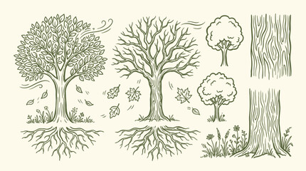 A detailed illustration showcasing the intricate root systems and varied foliage of deciduous trees, alongside bark textures and surrounding flora. © KN collection