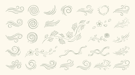 Fototapeta premium A collection of hand-drawn, delicate wind and floral elements, including swirls, gusts, leaves, and flowers, presented in a light green sketch style on a cream background.