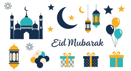 Islamic celebration of Eid Mubarak with mosque, crescent moon, lanterns, stars, and gift boxes