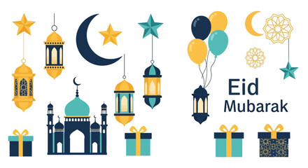 Elegant Eid Holiday Celebration Vector Illustration Set with Traditional Lanterns, Mosque, Stars, and Gifts for Festive Islamic Greeting Design