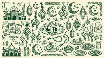 Naklejka premium Intricate illustration of Islamic motifs and Eid al-Fitr symbols, including mosques, lanterns, ketupat, and food, in a vintage green and beige color scheme.