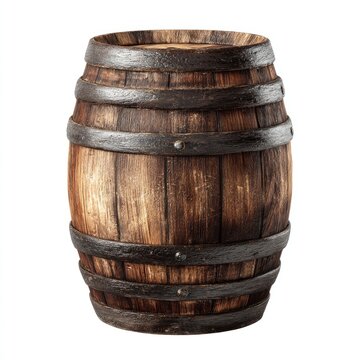 Rustic wooden barrel with metal hoops, aged and weathered texture