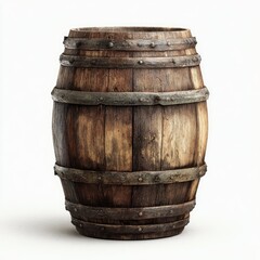 Obraz premium Aged wooden barrel with metal bands, showing texture and wear