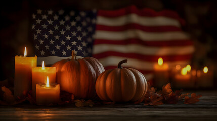 Obraz premium Autumn Pumpkins and Candles with American Flag - Thanksgiving Patriotic Fall Decor