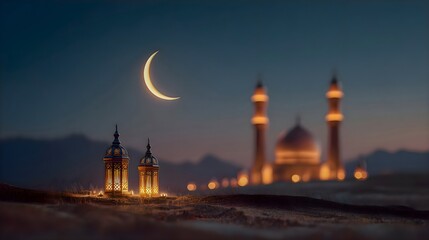 Fototapeta premium Spiritual Night Landscape with Mosque, Crescent Moon, and Glowing Lanterns