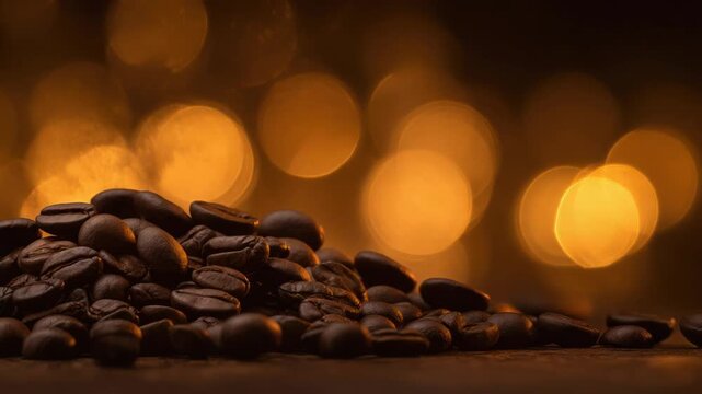Roasted coffee beans with soft bokeh background and warm lighting