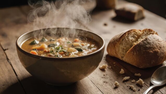 Hearty soup steaming in a bowl, alongside crusty bread