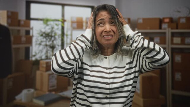 Hispanic middle age woman covering ears with hands among stacked cardboard boxes in a storage building; stress.