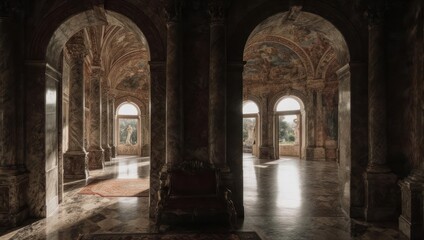 Grand hall, ornate arches, light filtering through