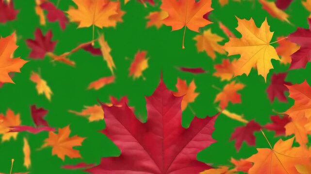Falling autumn maple leaves on a green screen background creating a festive and natural seasonal backdrop for various creative projects