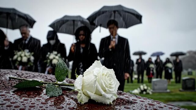 A Somber Scene A White Rose Adorns a Casket at a Rainy Funeral Service with Mourners Holding Umbrellas