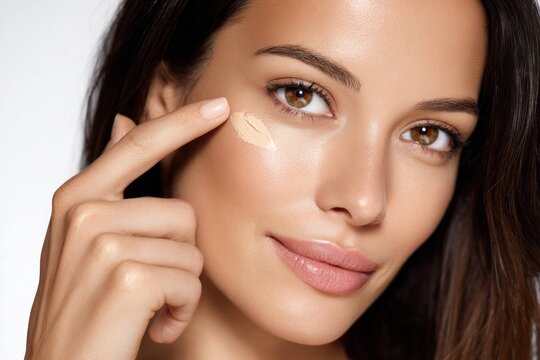 Woman applying foundation makeup on face closeup, beauty skincare routine, natural skin tone, cosmetic product, female with healthy glowing complexion.