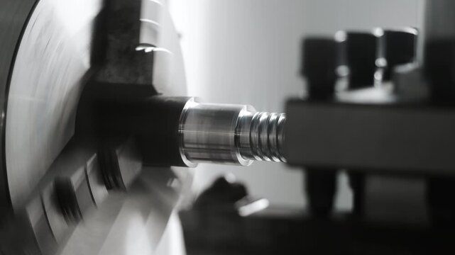 Close up of CNC lathe machining metal component and cutting thread during precision metalworking process in industrial manufacturing factory.