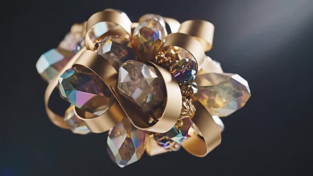 Closeup of a luxurious golden bow with sparkling crystal embellishments.