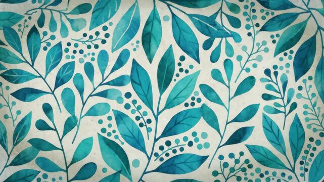 A beautiful seamless pattern featuring stylized teal leaves and berries on a light-colored textured background, evoking a natural and refreshing aesthetic