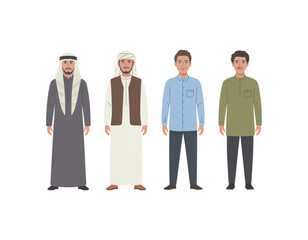 A vector graphic illustration of four men in different traditional and modern outfits on transparent background