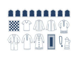 A collection of traditional Middle Eastern clothing and accessories on transparent background