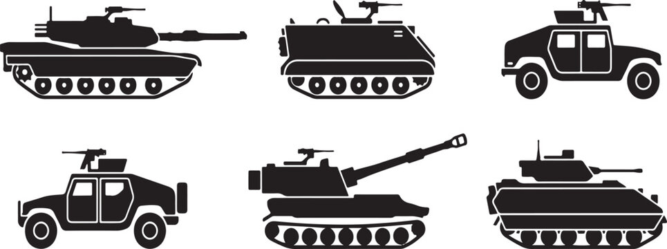 Set of 6 Military Vehicle Icons Vector Collection: Modern Army Tank, Armored Personnel Carrier, Self-Propelled Howitzer, and Humvee Silhouettes for Defense and War Concepts