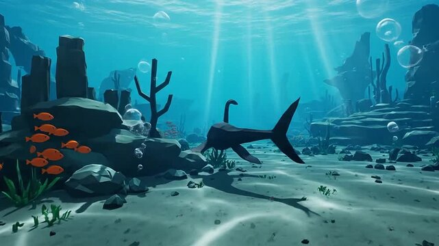 Low poly 3D render of a plesiosaur like creature swimming in an underwater scene with fish and sunlight