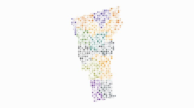 Vermont animated shape. Pulsating colored dots on the map of the state. Small size circle blocks. Digital style Vermont map on white background. Abstract animation video.