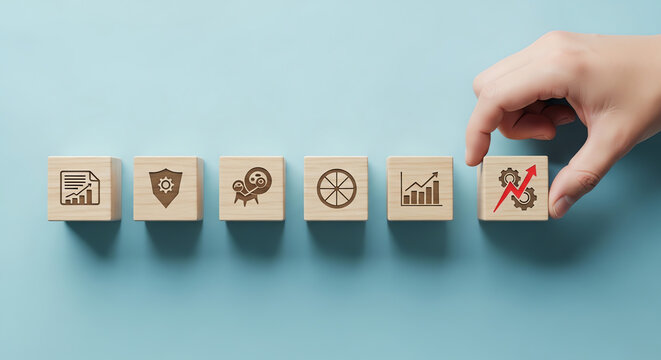 Strategic planning for business growth Hand places a performance improvement block in a row of operational icons, visualizing successful development