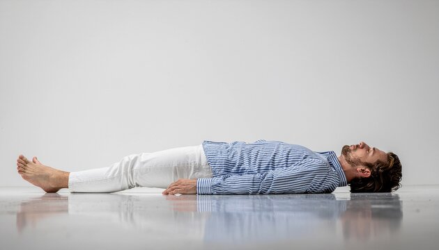 Peaceful man in a light blue shirt and white pants lies flat on his back, eyes closed, on a reflective surface against a white backdrop, symbolizing deep relaxation and tranquility