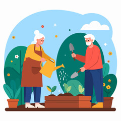Fototapeta premium Elderly Couple Gardening Together with Watering Can.