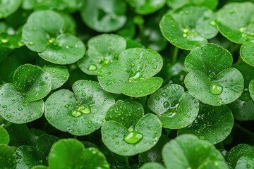 A close-up shot of green leaves covered in water droplets. Round leaves are visible, with varying sizes. Some droplets are larger. AI.