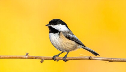 A Black-capped Chickadee perches on a branch, its striking black cap and bib prominent against a bright yellow background. This vivid close-up captures the bird's tranquil presence