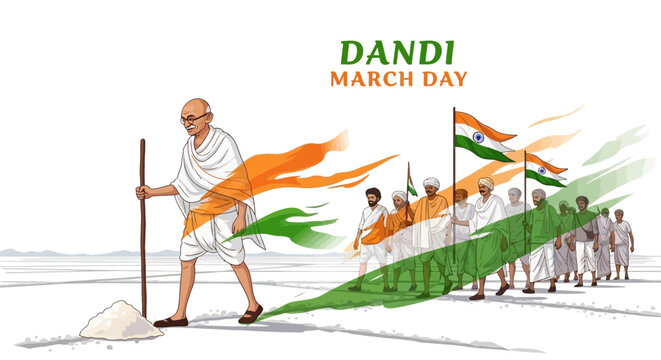 Illustration of Mahatma Gandhi leading a symbolic protest march with followers, waving Indian flags in a vibrant, patriotic scene with a shallow depth of field, conveying a sense of