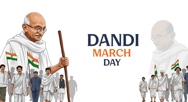 Illustration of Mahatma Gandhi leading the Dandi March with followers, a symbolic protest against British rule in India, with a mix of vibrant and muted colors.