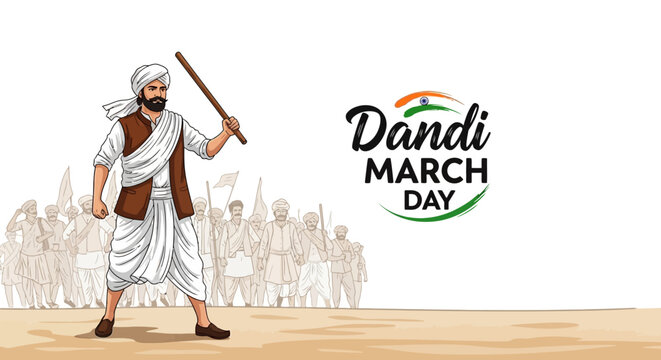 Illustration of Mahatma Gandhi leading a symbolic protest march with followers on Dandi March Day, a significant event in the Indian independence movement, depicted in a vector style with a