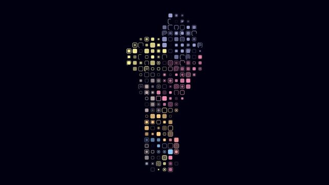 Benin map animation. Shape of the country with pulsating colored dots. Large size rounded square blocks. Digital style Benin map on dark background. Plain video.
