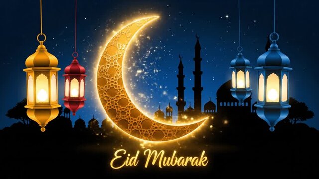 Crescent Moon and Three Colorful Lanterns Illuminate Tranquil Night for Eid Mubarak.